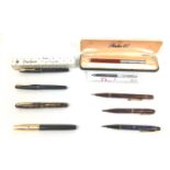 Five vintage fountain pens, comprising a Parker 61, two Parker '17' Lady pens, one boxed, a