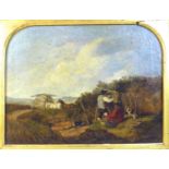 British School (19th century): a study of wayfarers on a moorland road, with small dog to the