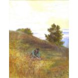 British School (19th century): a farmer sheaving wheat against a sunrise, monogrammed 'EC' lower