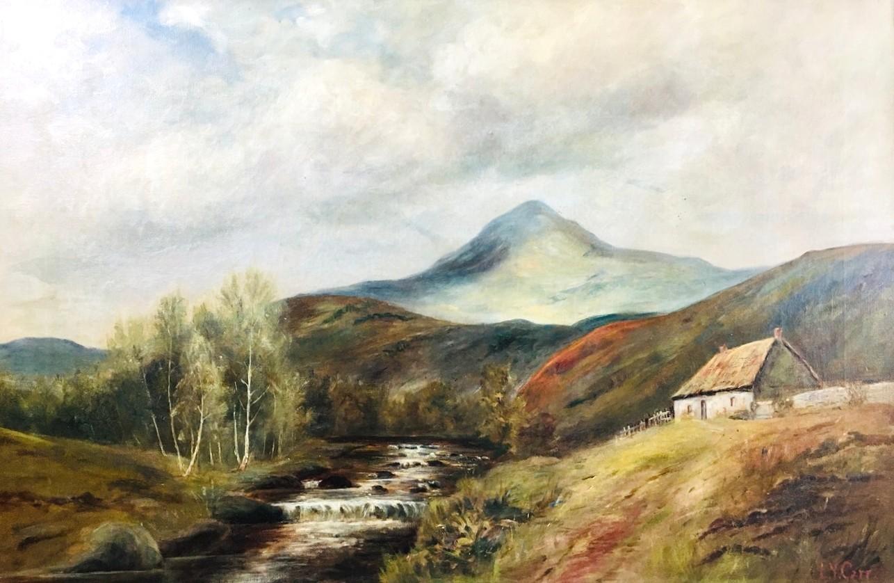 A landscape of a view of the Cheviot Hills, Northumberland, with river running through to the