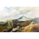 A landscape of a view of the Cheviot Hills, Northumberland, with river running through to the