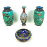Four pieces of Oriental cloisonne, comprising a Chinese bowl, Republic period, with large four