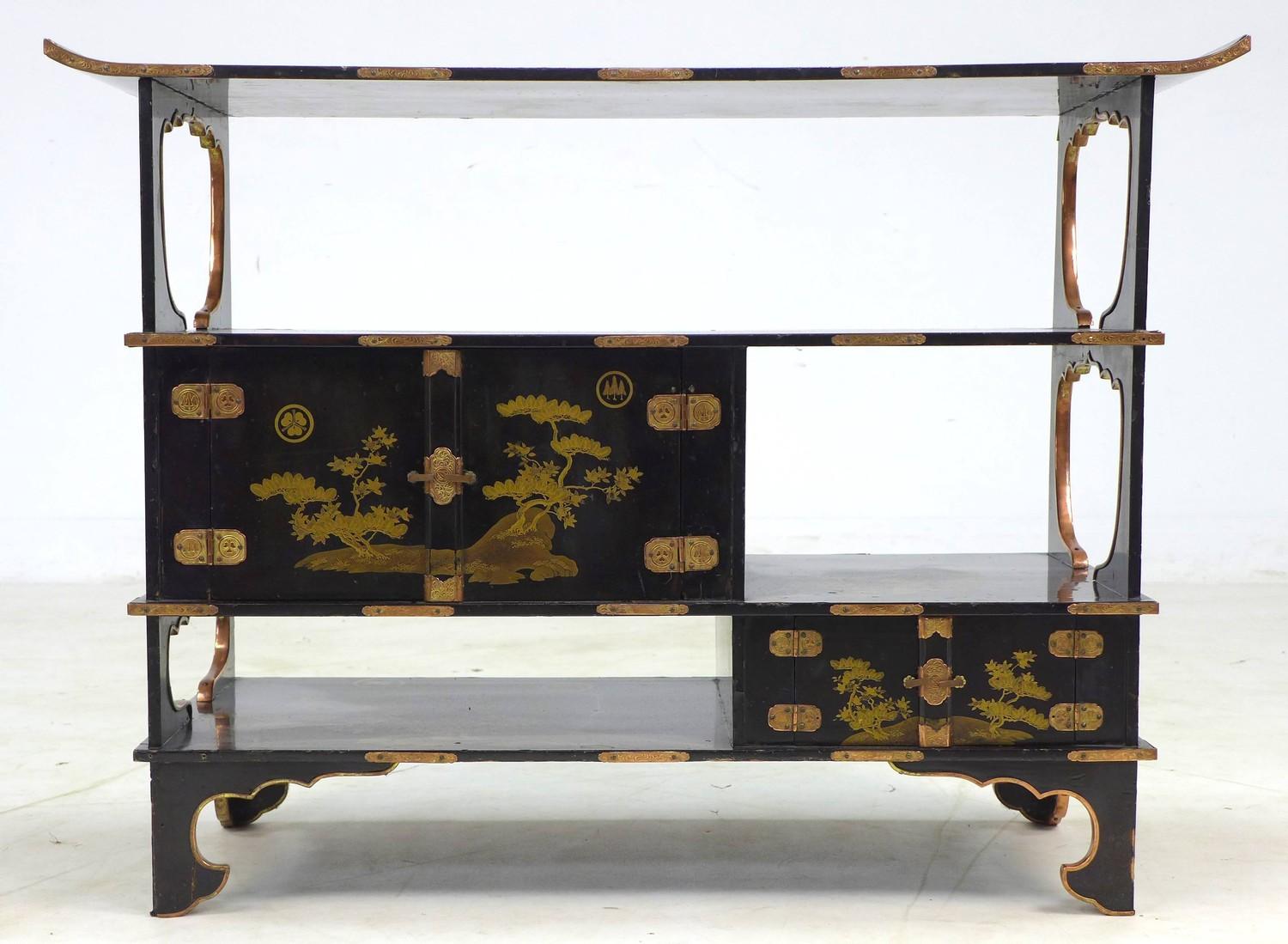 A low Japanese black lacquer shelf unit, Meiji period, with engraved copper mountings, decorated - Image 3 of 9