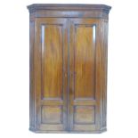 A George III mahogany corner cupboard, cornice over twin panelled doors enclosing three shaped