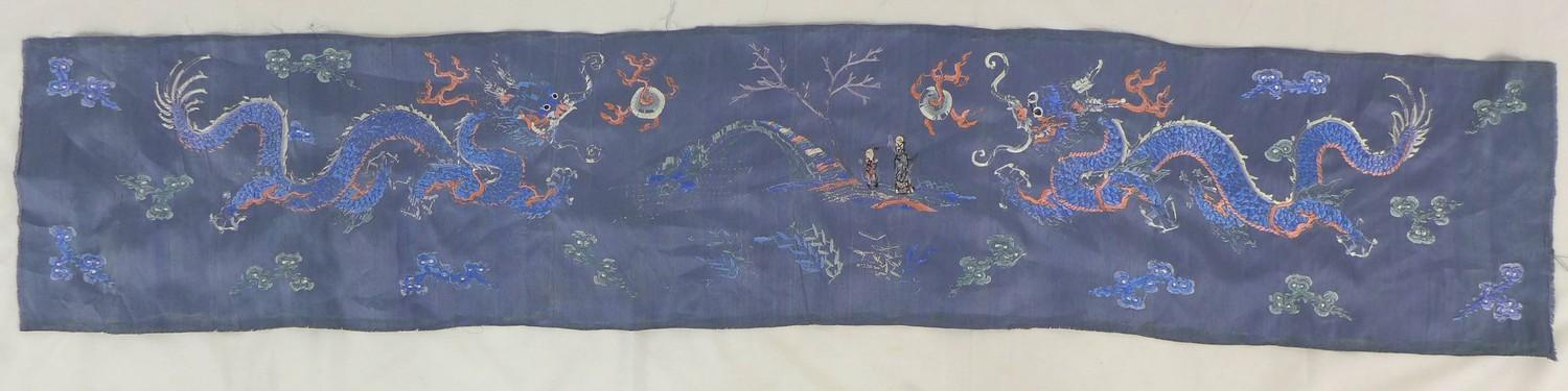 A group of six Chinese and South East Asian textile panels, including one with dragons on a blue - Image 4 of 14