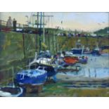 Ken Howard RA RWS NEAC (British, b. 1932): 'Newlyn', depicting boats by the harbour wall at low