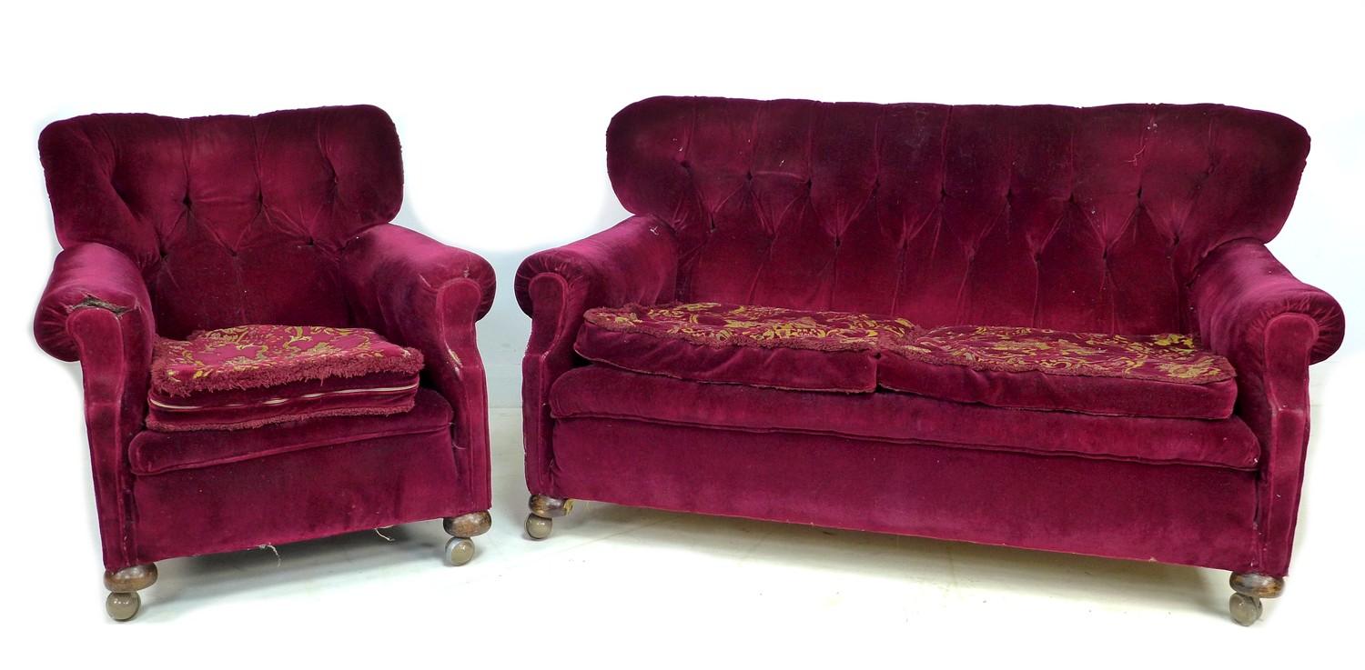 An Edwardian button back three seater sofa, 161 by 107 by 86cm high, together with a matching wing