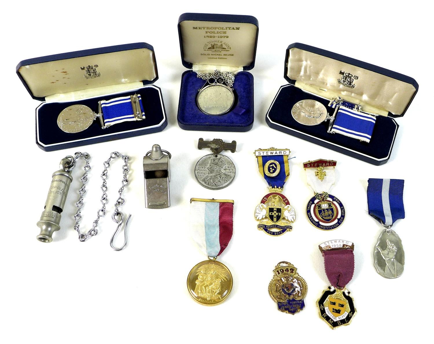 A collection of Masonic and Police collectables, comprising 'The Honorable Testimonial of Masonic