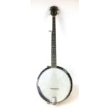 A late 20th century Washburn banjo, single dot pearloid inlaid fretboard, strap and soft case.