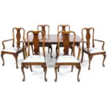 A mid to late 20th century Queen Anne style extending dining table, by Ian James, with burr walnut