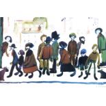 After Laurence Stephen Lowry (British, 1887-1976): 'People Standing About', a colour print, signed