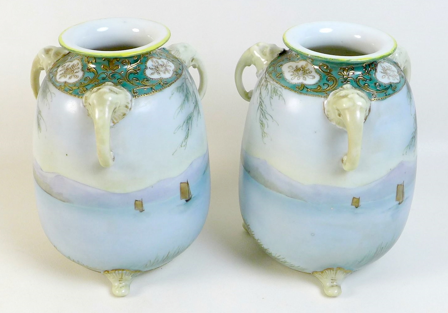 A pair of I E & Co Japanese export vases, Nipon period, the handles modelled as elephants, hand - Image 6 of 7