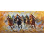 Robert Sandford (American, 20th century): 'Races horses', signed, titled verso, oil on canvas, 60 by