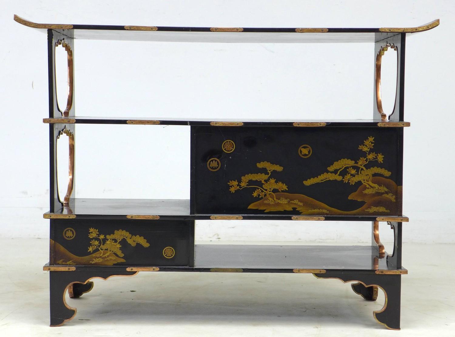 A low Japanese black lacquer shelf unit, Meiji period, with engraved copper mountings, decorated - Image 7 of 9