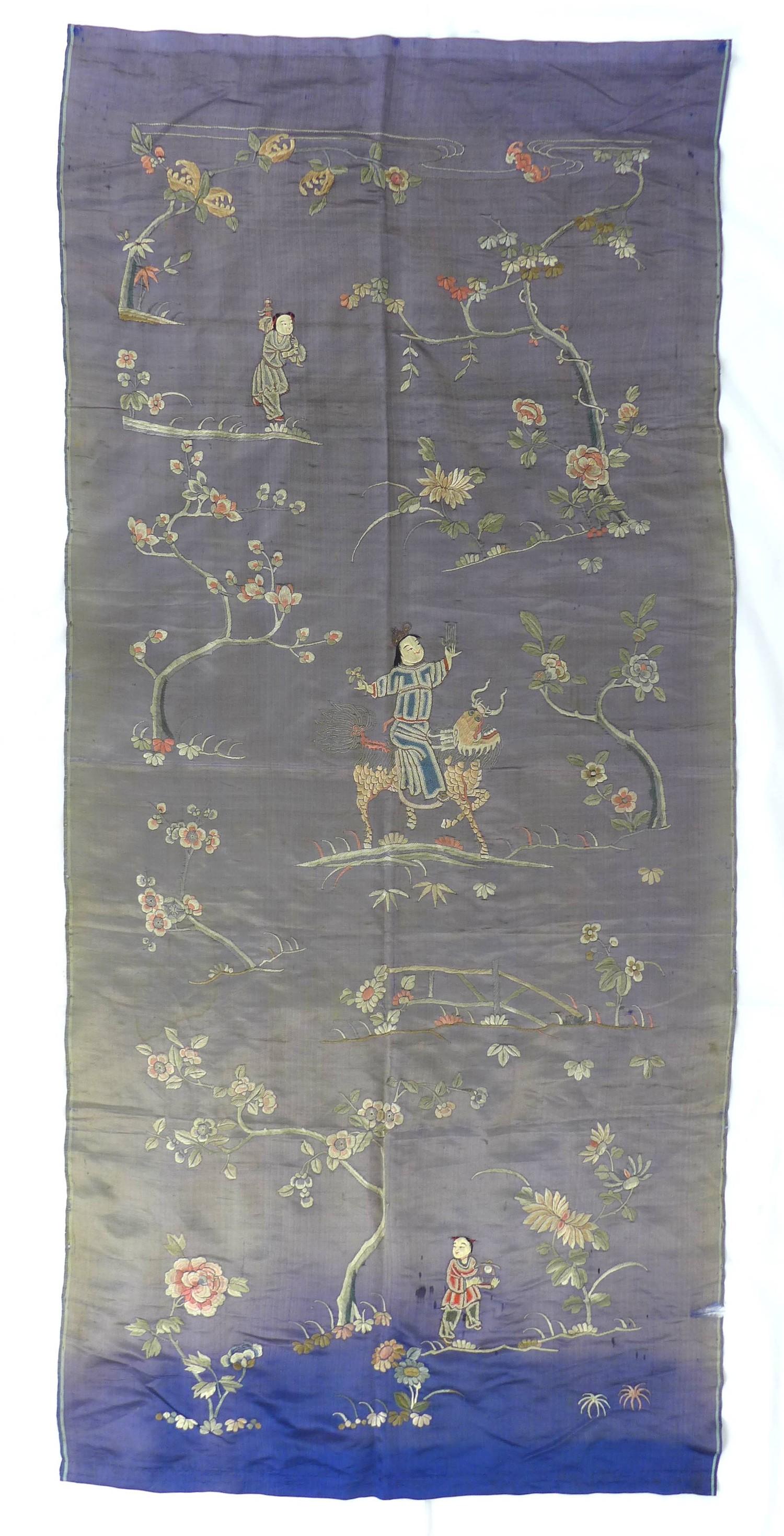 A group of six Chinese and South East Asian textile panels, including one with dragons on a blue