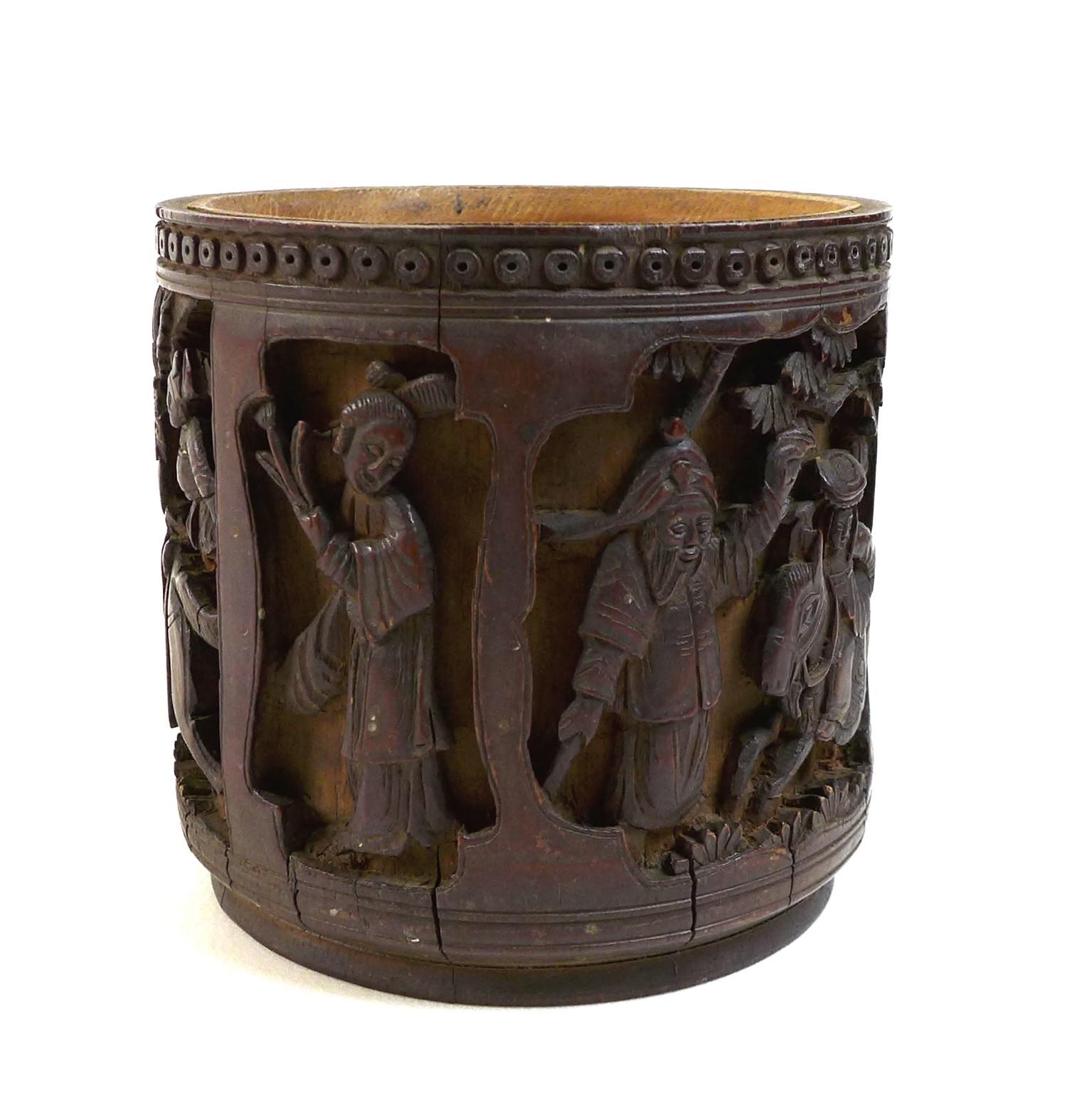 A Chinese bamboo brush pot, bitong, Qing Dynasty, late 19th century, carved in relief with four - Image 5 of 6