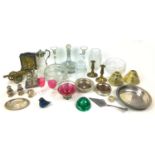 A group of silver plated and other metal and glass wares, including two wine coasters, a Kosta