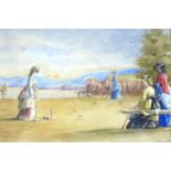 British School (late 19th century): ladies playing croquet on the beach, unsigned, watercolour, 14