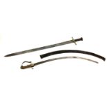 An Eastern sword with curved blade, brass guard, wooden grip and lion pommel, blade length, 82cm,