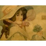After Ethel Larcombe (British, 1876-1940): an Art Nouveau print of a lady in bonnet holding a posey,