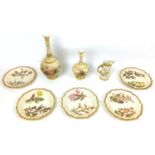 Eight pieces of Victorian Royal Worcester blush ivory wares, all decorated with hand painted