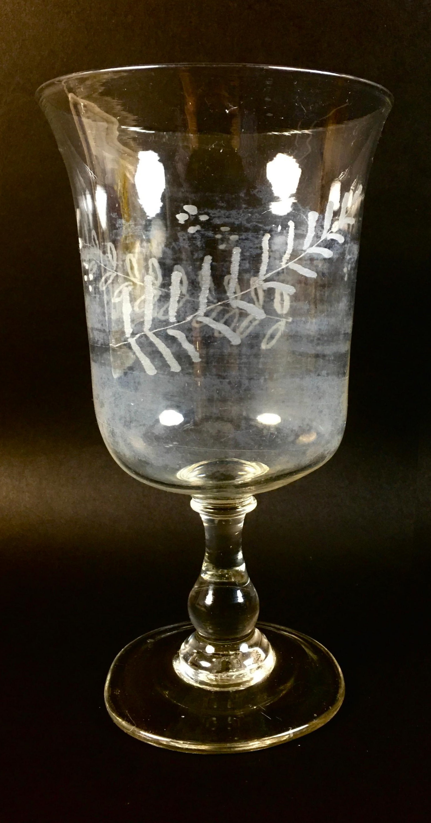 A Georgian glass celery vase, with a flared rim bell shaped bowl, with an etched foliate design, its - Image 2 of 6