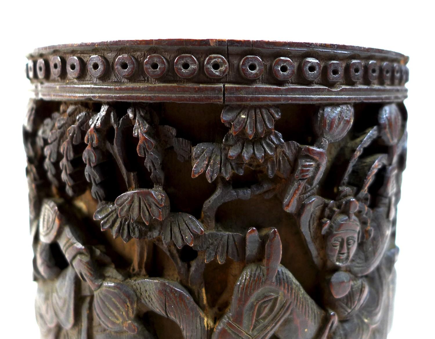 A Chinese bamboo brush pot, bitong, Qing Dynasty, late 19th century, carved in relief with four - Image 4 of 6