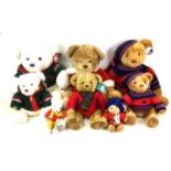 Eight soft toy teddy bears, comprising six Harrods Christmas bears, a large 2004 Thomas bear, 53cm