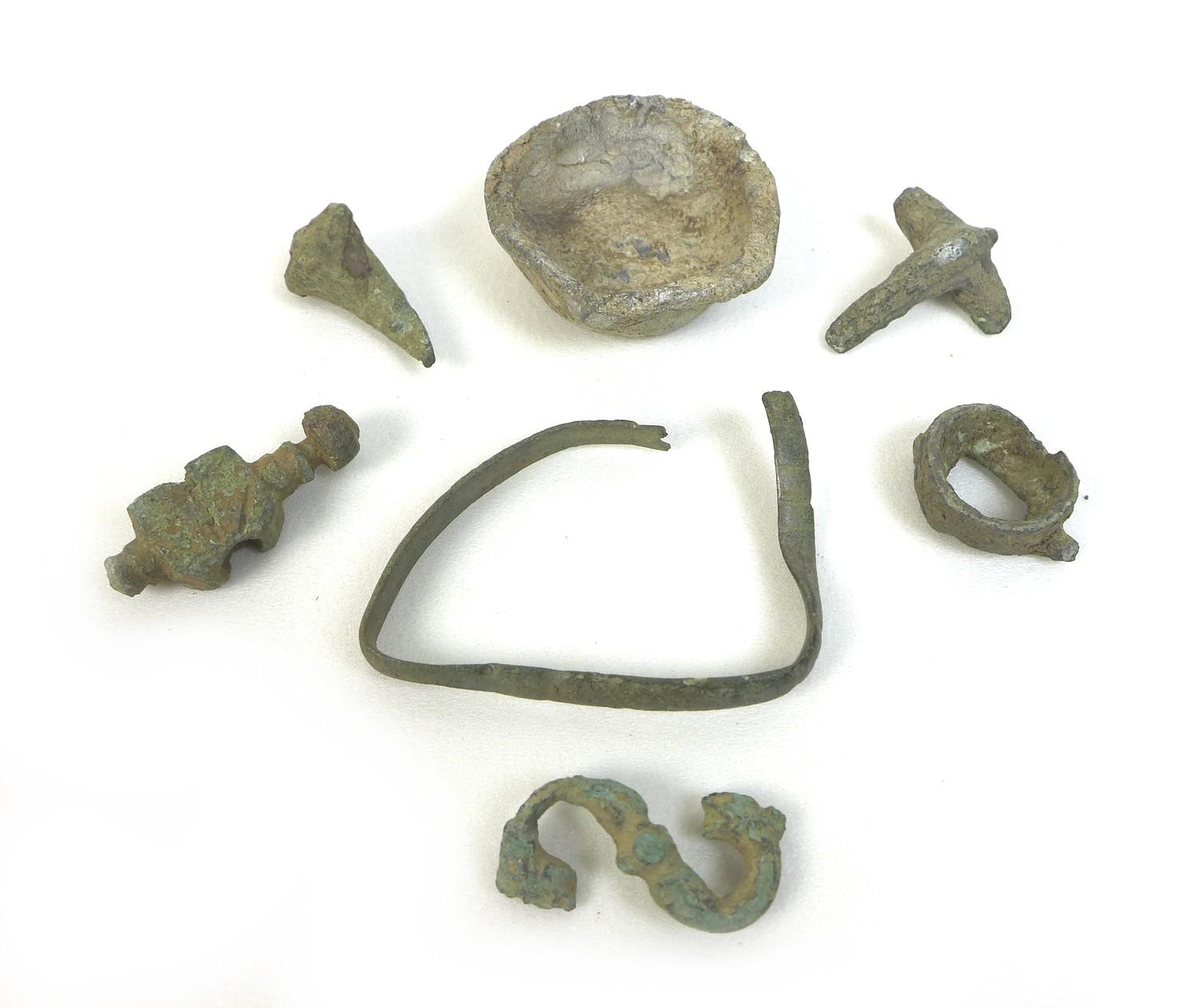 A group of seven Roman, Medieval and later detectorist finds, comprising a Colchester derivative