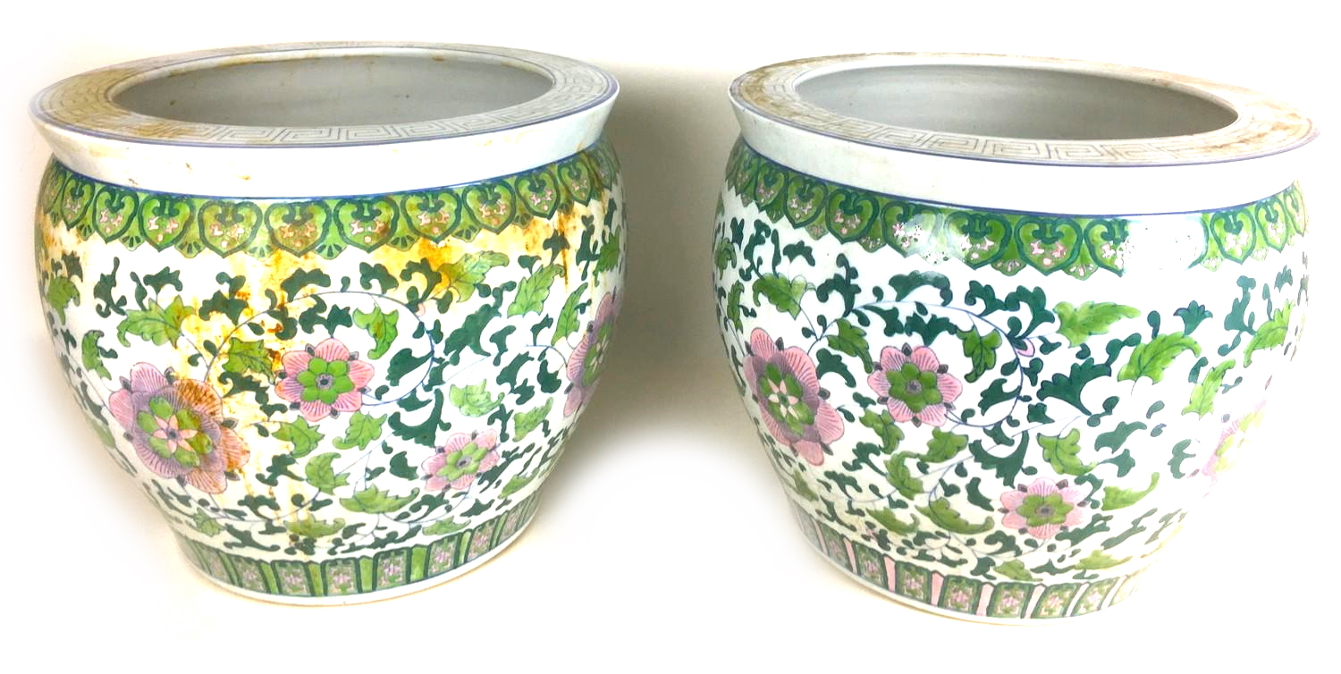 A pair of Chinese famille verte style jardinieres or fish bowls, late 20th century, with Greek key