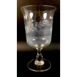 A Georgian glass celery vase, with a flared rim bell shaped bowl, with an etched foliate design, its