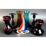 A group of seven 19th century and later colourful glass wares, comprising four 19th century bulb