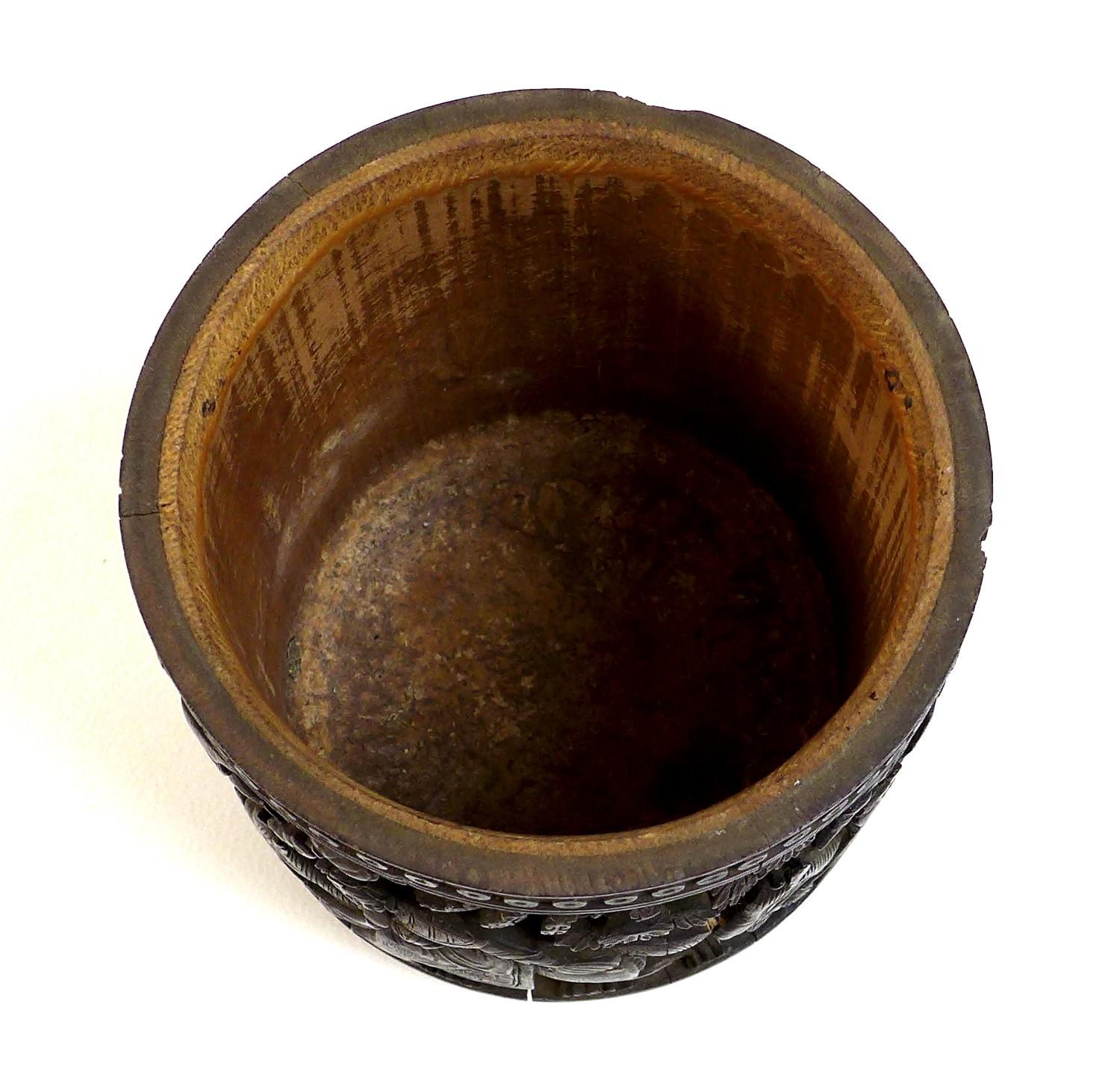 A Chinese bamboo brush pot, bitong, Qing Dynasty, late 19th century, carved in relief with four - Image 2 of 6