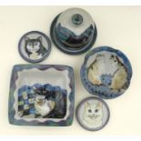 A group of Highland Stoneware pottery all depicting cats, comprising one medium bowl, one square
