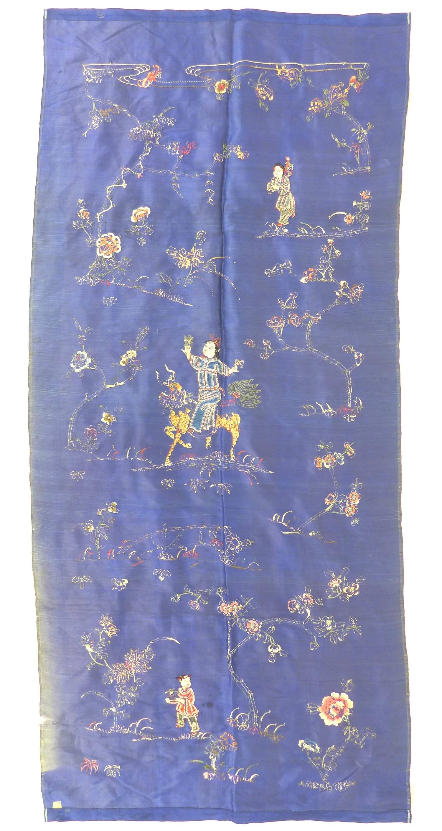 A group of six Chinese and South East Asian textile panels, including one with dragons on a blue - Image 2 of 14