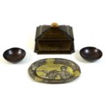 A group of Japanese metal items, comprising an early 20th century bronze cigarette box, of