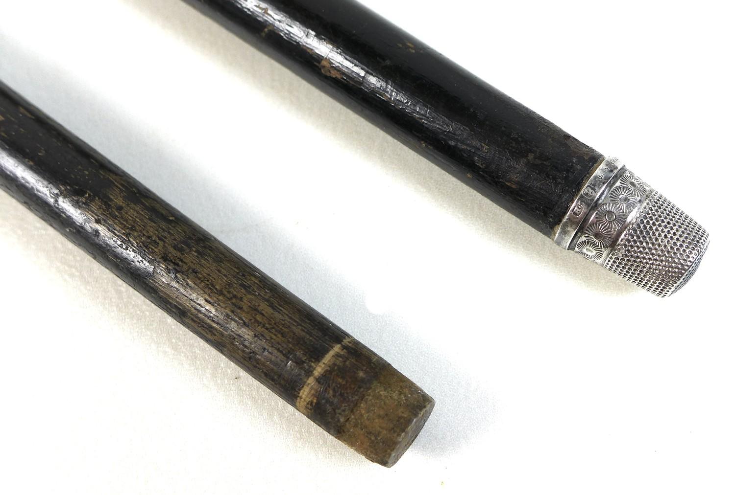 Two George V silver topped ebonised canes, one with a repousse wave patterned handle, and a silver - Image 6 of 6
