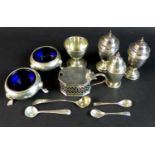 A collection of George III and later silver cruets, comprising a pair of late Victorian cauldron