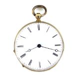 A Continental 18K gold cased small pocket watch, open faced, key wind, white enamel dial with