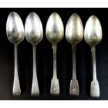Five George IV and later silver table spoons, comprising a set of three old English fiddle pattern