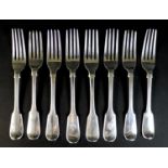 Eight George III and later silver fiddle back pattern dessert forks, comprising a pair of George III