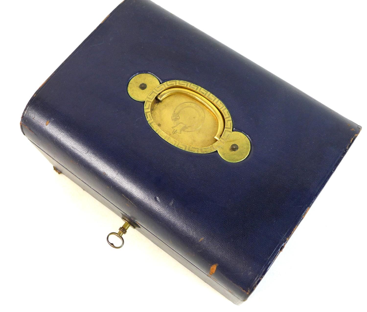 A late Victorian dark blue leather jewellery case, with gilt brass recessed handle with engraved - Image 6 of 11