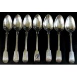 Seven George III and later silver fiddle pattern dessert spoons, comprising four George III