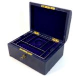 A late Victorian dark blue leather jewellery case, with gilt brass recessed handle with engraved