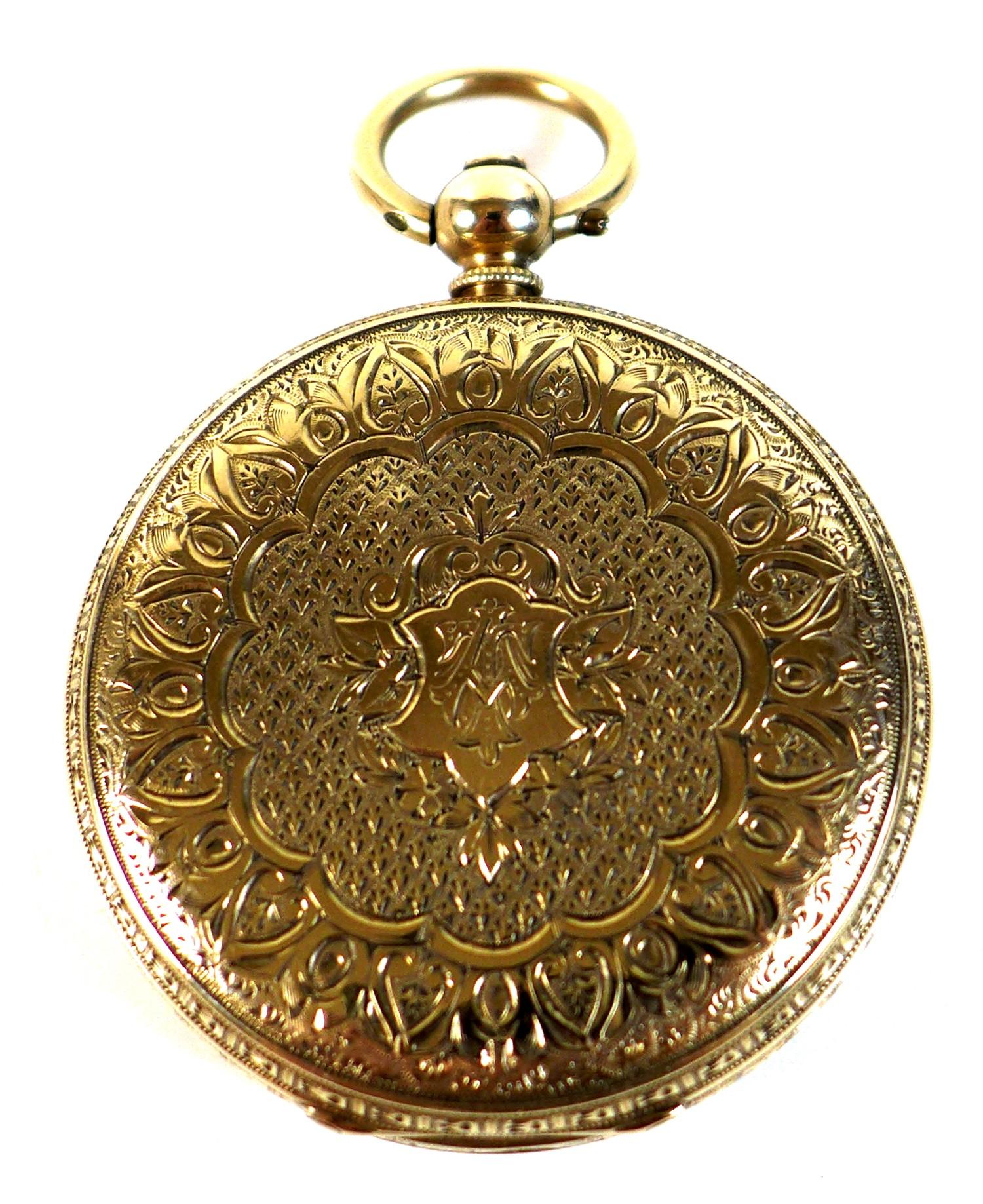 A Waltham 10ct gold open faced pocket watch, circa 1889, key wind, the white enamel dial with - Image 2 of 9