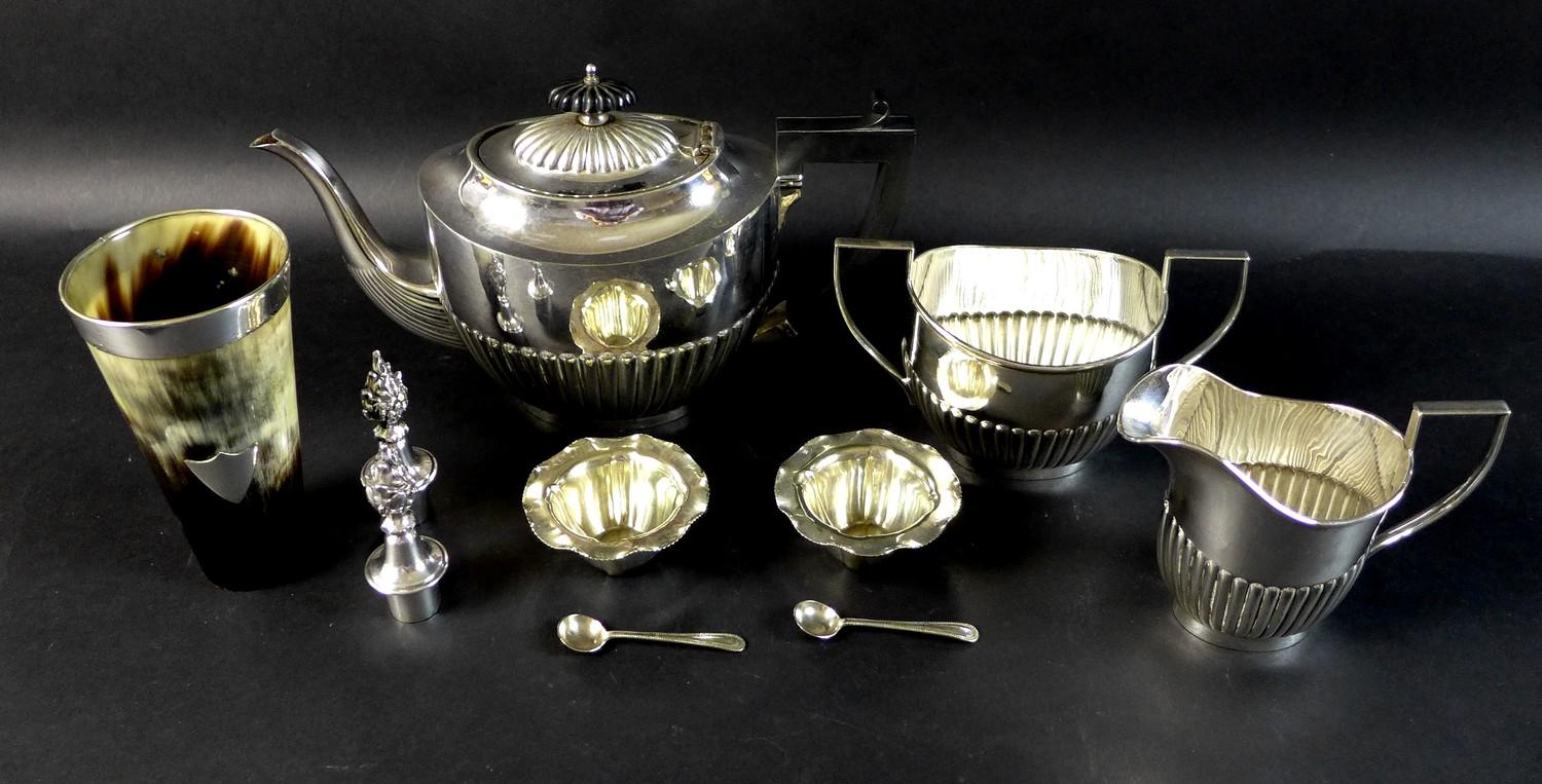 A group of silver plated items, comprising a 19th century horn beaker with shield shaped cartouche