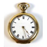 A Waltham gold plated pocket watch, circa 1906, open faced, keyless wind, the white enamel dial with
