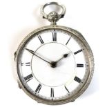 A Victorian silver open faced pocket watch, key wind, engraved with foliate, floral and scrolling