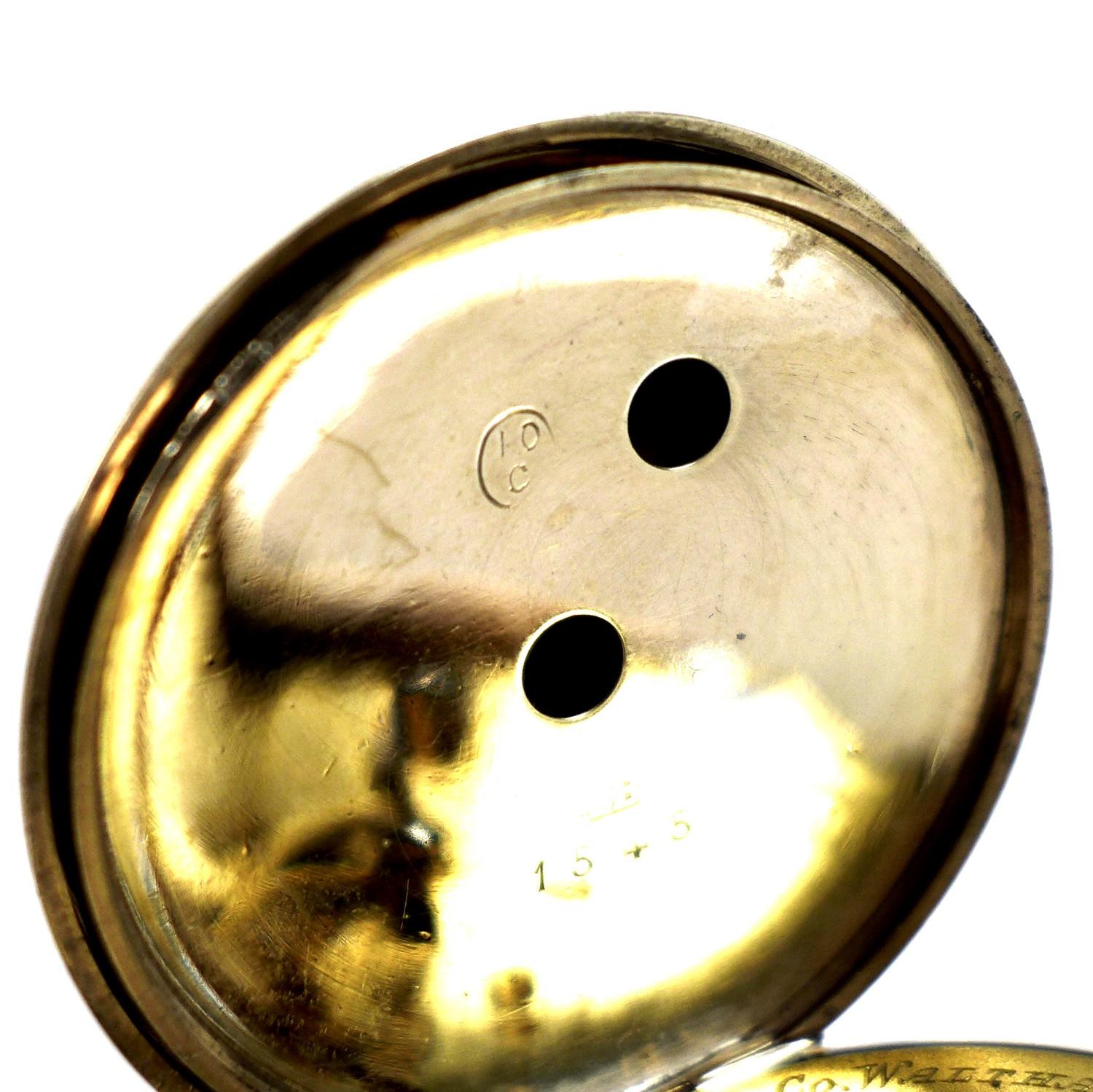 A Waltham 10ct gold open faced pocket watch, circa 1889, key wind, the white enamel dial with - Image 5 of 9