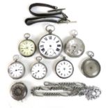 A group of silver cased pocket watches, including a late 19th century example with silvered sunburst